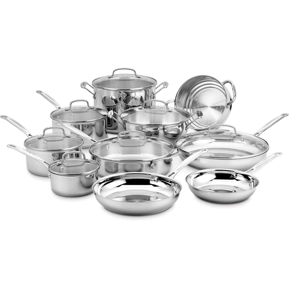 Cuisinart 17-Piece Stainless Steel Cookware Set, Chef’s Classic Steel Collection with Pure Aluminum Core for Quick and Even Heat, Cool Grip Handles, Dishwasher Safe, 77-17N
