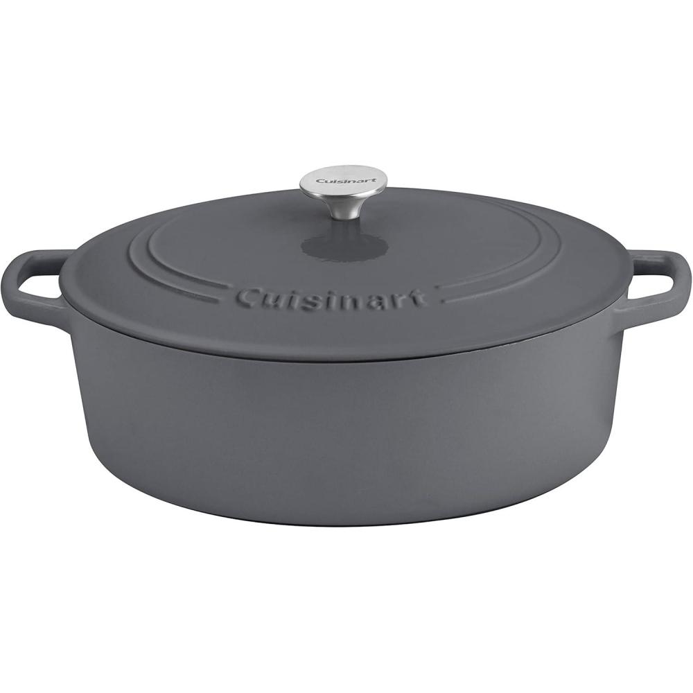 Cuisinart Chef’s Classic Enameled Cast Iron Oval Covered Casserole (Cardinal Red, 5.5-Quart)(Dark Gray)