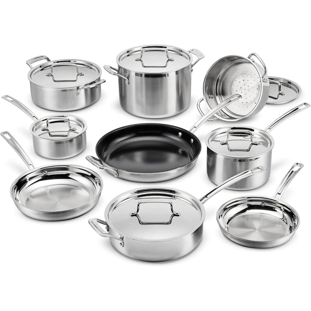 Cuisinart 12-Piece MultiClad Pro Triple Ply Stainless Steel Cookware Set, Heat Surround Technology, Cool Grip Handles, Oven Safe to 500°F, MCPS-12N, Silver(15-Piece)