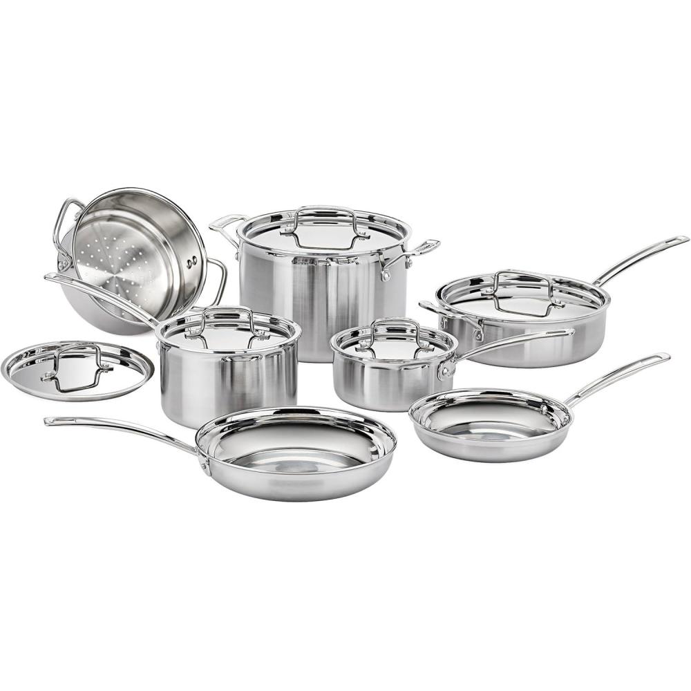 Cuisinart 12-Piece MultiClad Pro Triple Ply Stainless Steel Cookware Set, Heat Surround Technology, Cool Grip Handles, Oven Safe to 500°F, MCPS-12N, Silver(12-Piece)