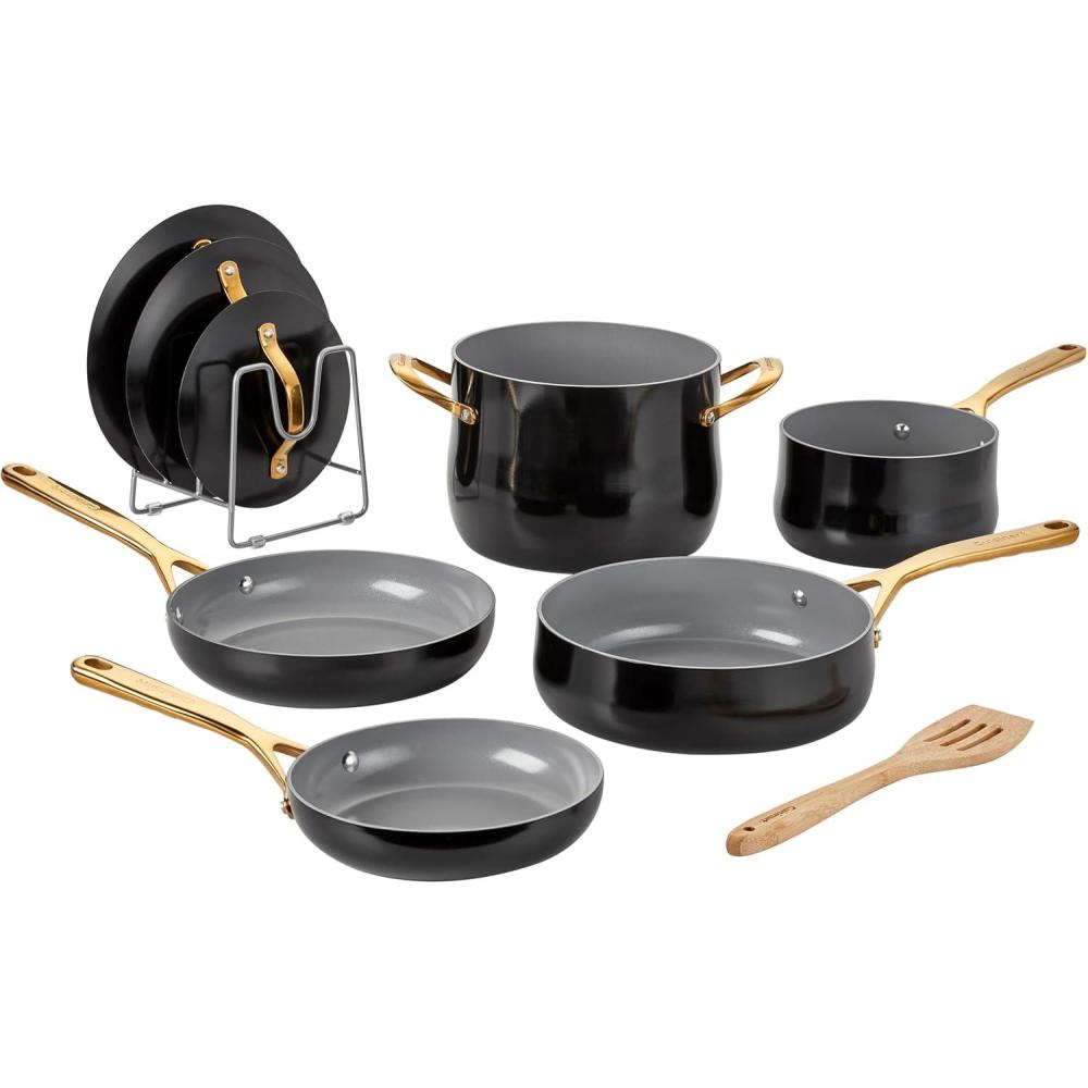 Cuisinart Culinary Collection 12-Piece Pots and Pans Set, PURELYCERAMIC Nonstick, Teal(Black/Gold)