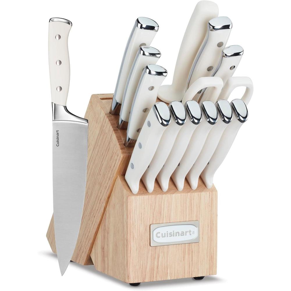 Cuisinart 15-Piece Knife Set with Block, High Carbon Stainless Steel, Forged Triple Rivet, White, C77WTR-15P(Natural)