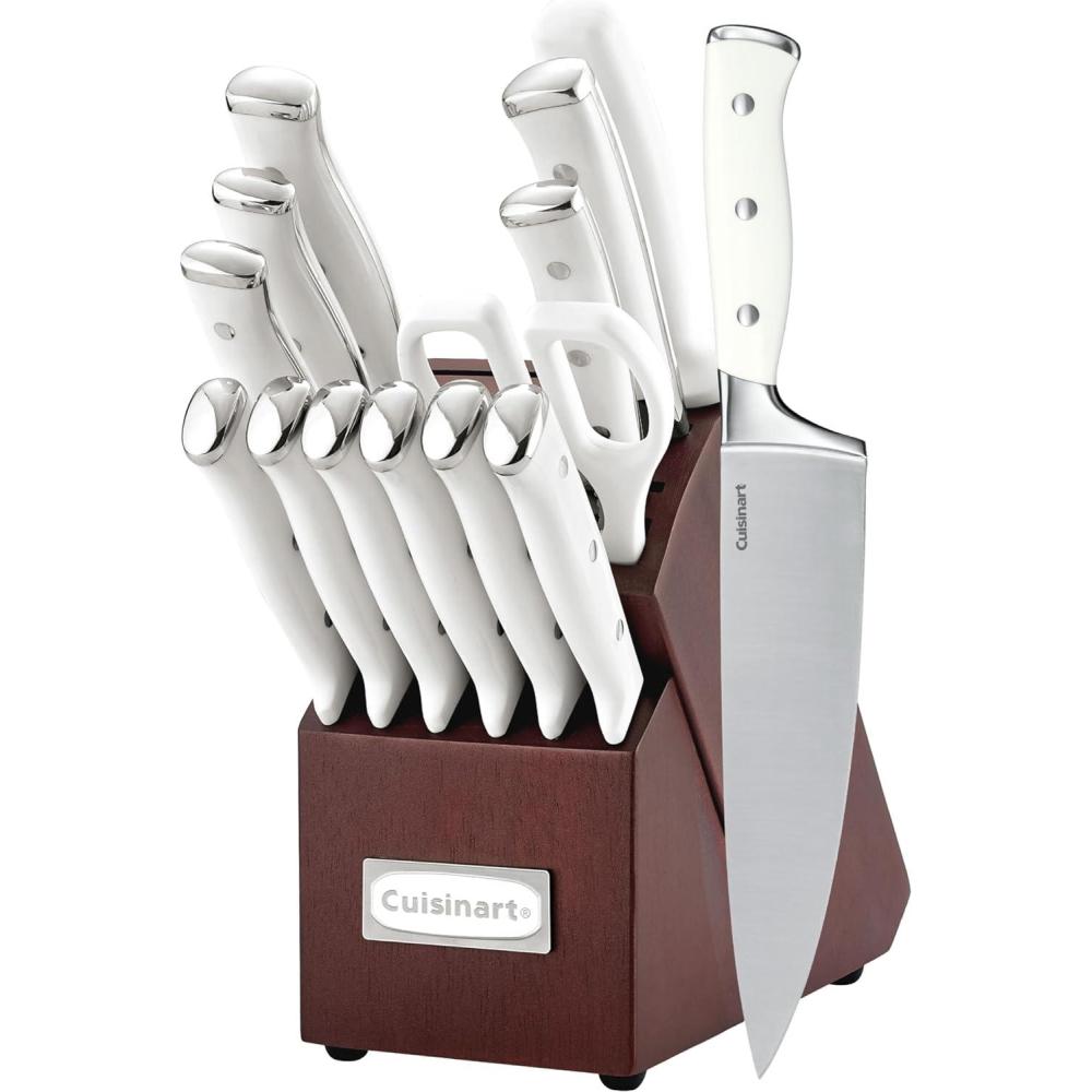 Cuisinart 15-Piece Knife Set with Block, High Carbon Stainless Steel, Forged Triple Rivet, White, C77WTR-15P(Cherry/White)