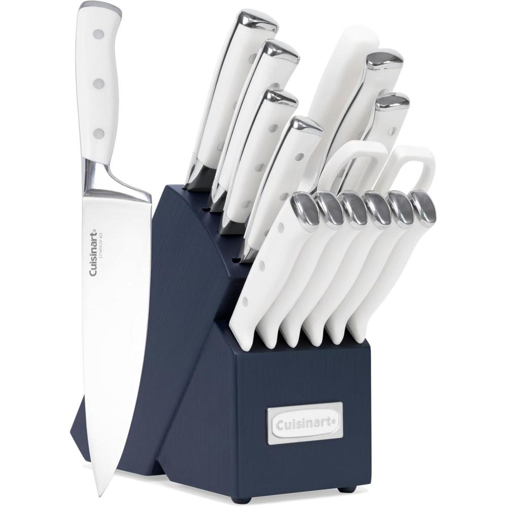 Cuisinart 15-Piece Knife Set with Block, High Carbon Stainless Steel, Forged Triple Rivet, White, C77WTR-15P(Navy/White)