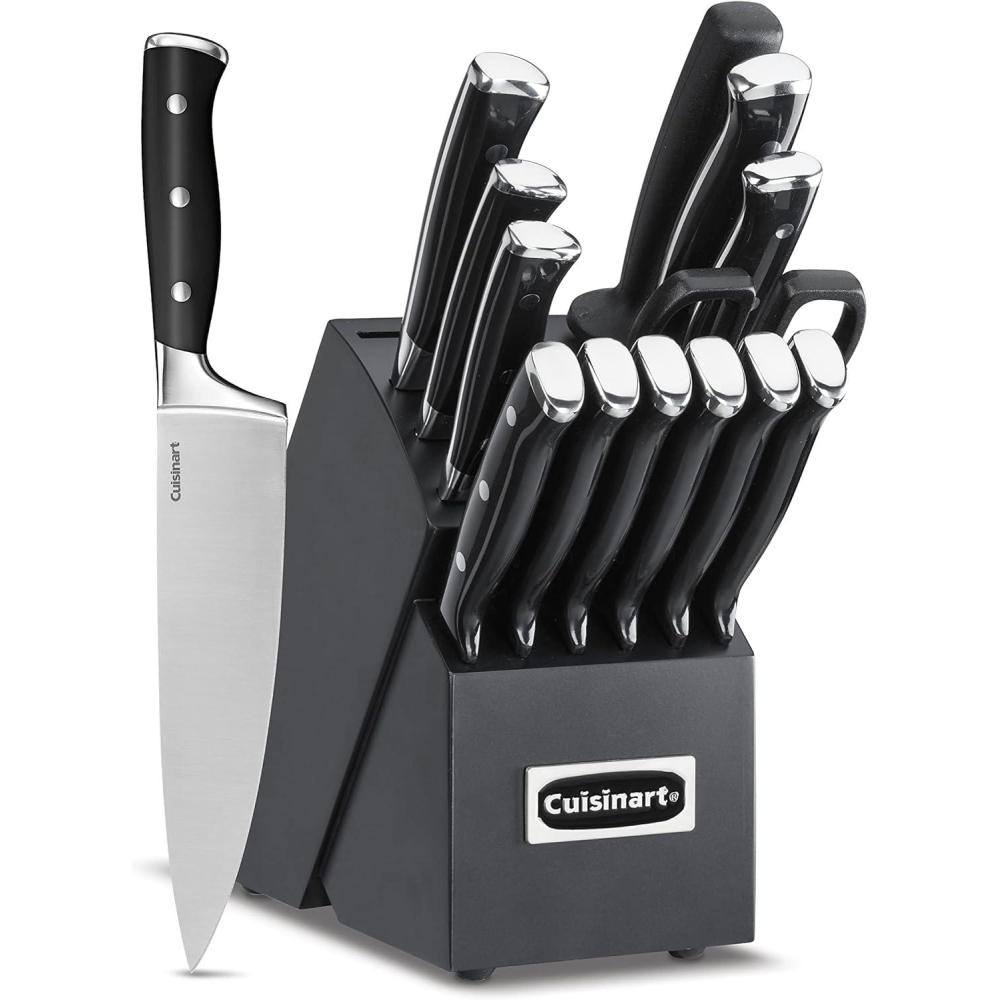 Cuisinart 15-Piece Knife Set with Block, High Carbon Stainless Steel, Forged Triple Rivet, White, C77WTR-15P(Black/Black)