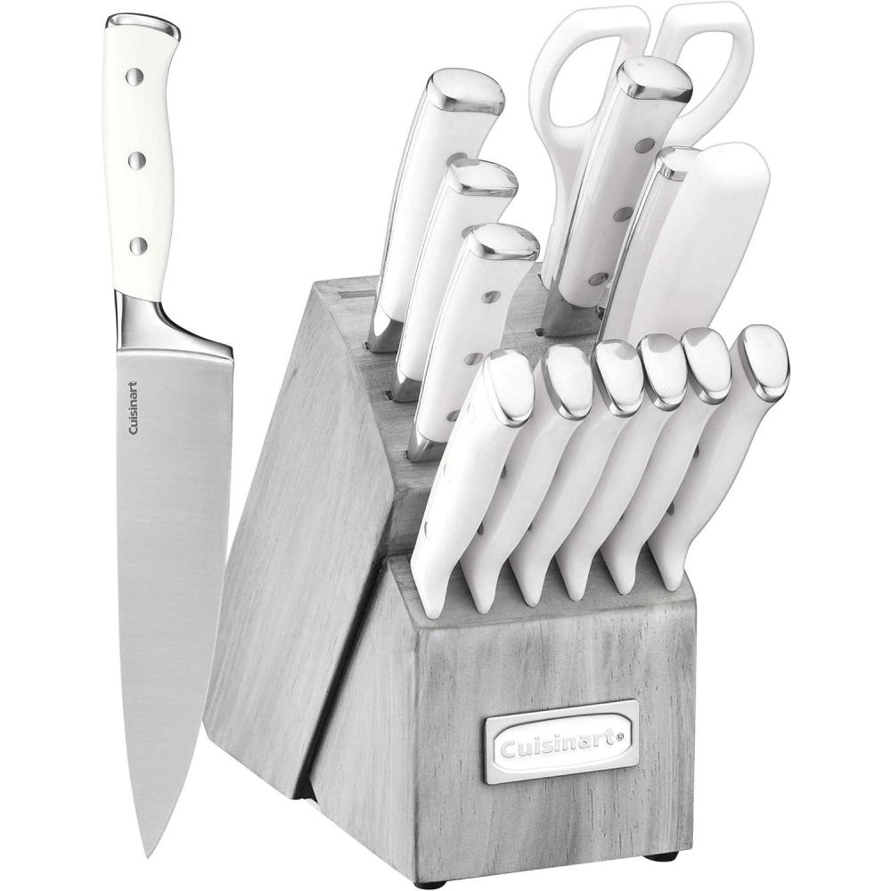 Cuisinart 15-Piece Knife Set with Block, High Carbon Stainless Steel, Forged Triple Rivet, White, C77WTR-15P(Natural/Grey)