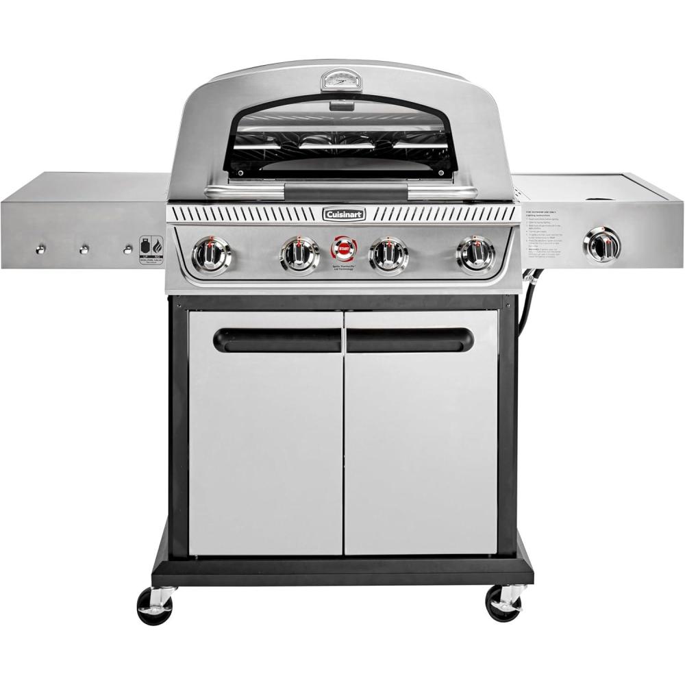 Cuisinart Propel+ 4-Burner 3-in-1 Gas Grill, Stainless Steel Versatile Grill, Griddle & Pizza Oven with Pizza Stone, Convertible to Natural Gas, Side Burner & Integrated Storage, Perfect for BBQs(Black/Silver)