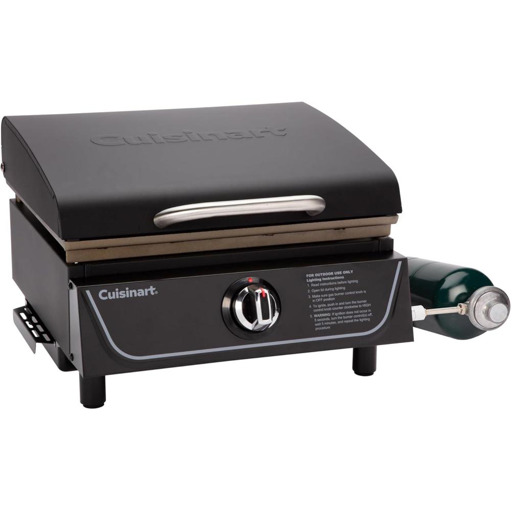 Cuisinart 17 Tabletop Gas Griddle with Hood, Easy Assembly Compact Outdoor Flat-Top Grill with Grease Cup, 255 Sq. In Cooking Space Perfect for Camping, Tailgates and BBQs