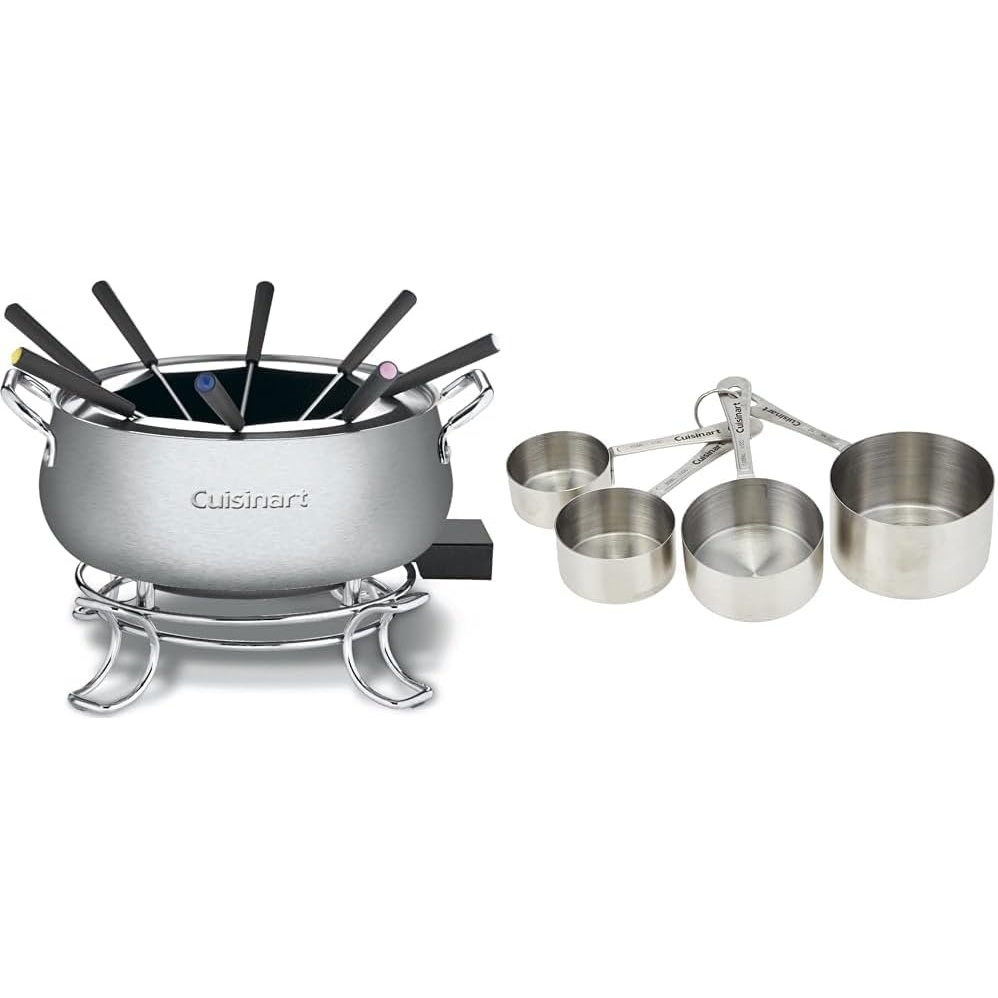 Cuisinart Fondue Pot, 3 Quart, For Chocolate, Cheese, Broth, Oil, Stainless Steel, CFO-3SSP1 & CTG-00-SMC Stainless Steel Measuring Cups, Set of 4,Silver