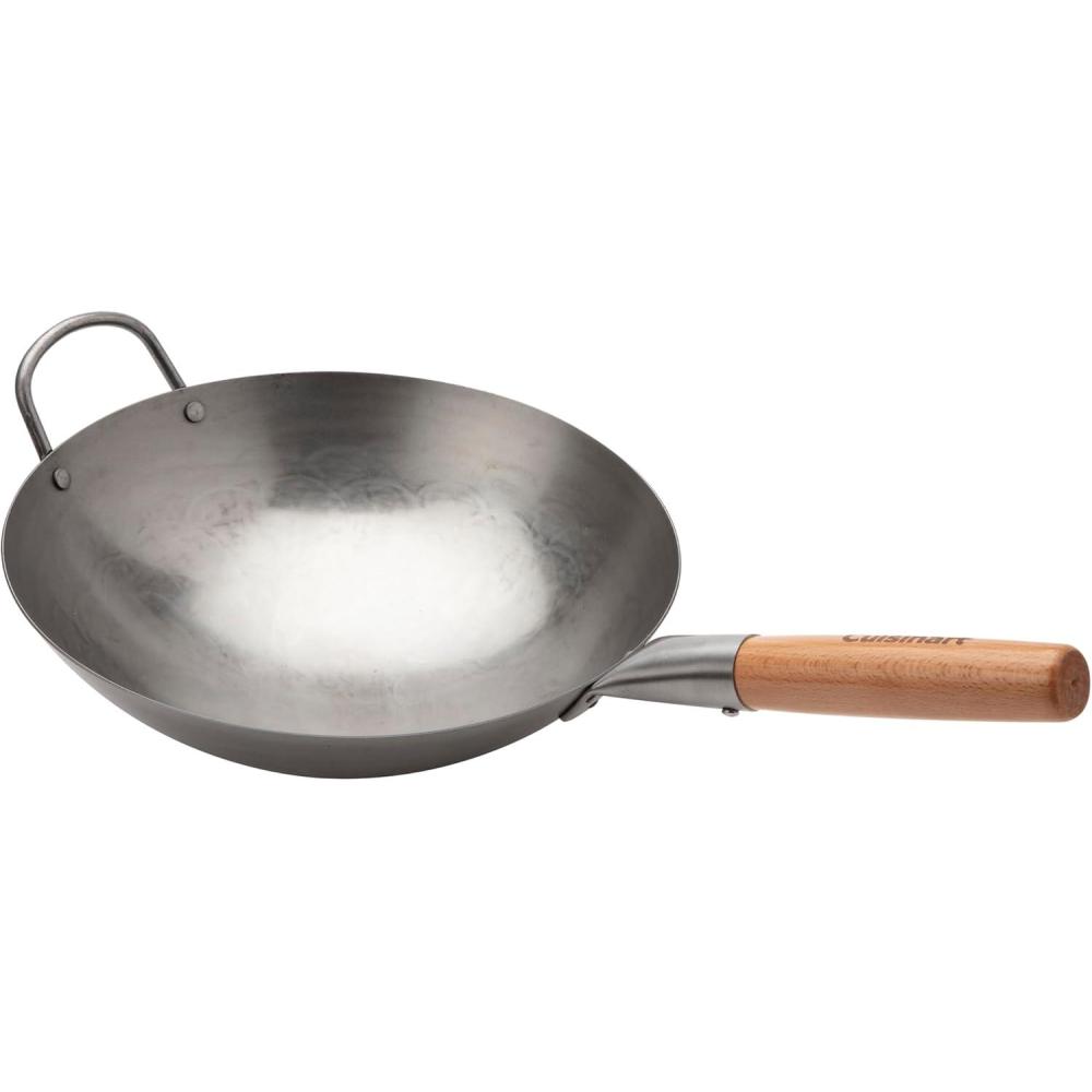 Cuisinart 14 Carbon Steel Hammered Wok, Traditional Round Bottom, Stir Fry Pan with Wooden & Helper Handle for Authentic Asian Cuisine, Wok Hei Cooking Perfect for Stir-Fry, Sauté & Deep Fry(12″ Carbon Steel Hammered Wok)