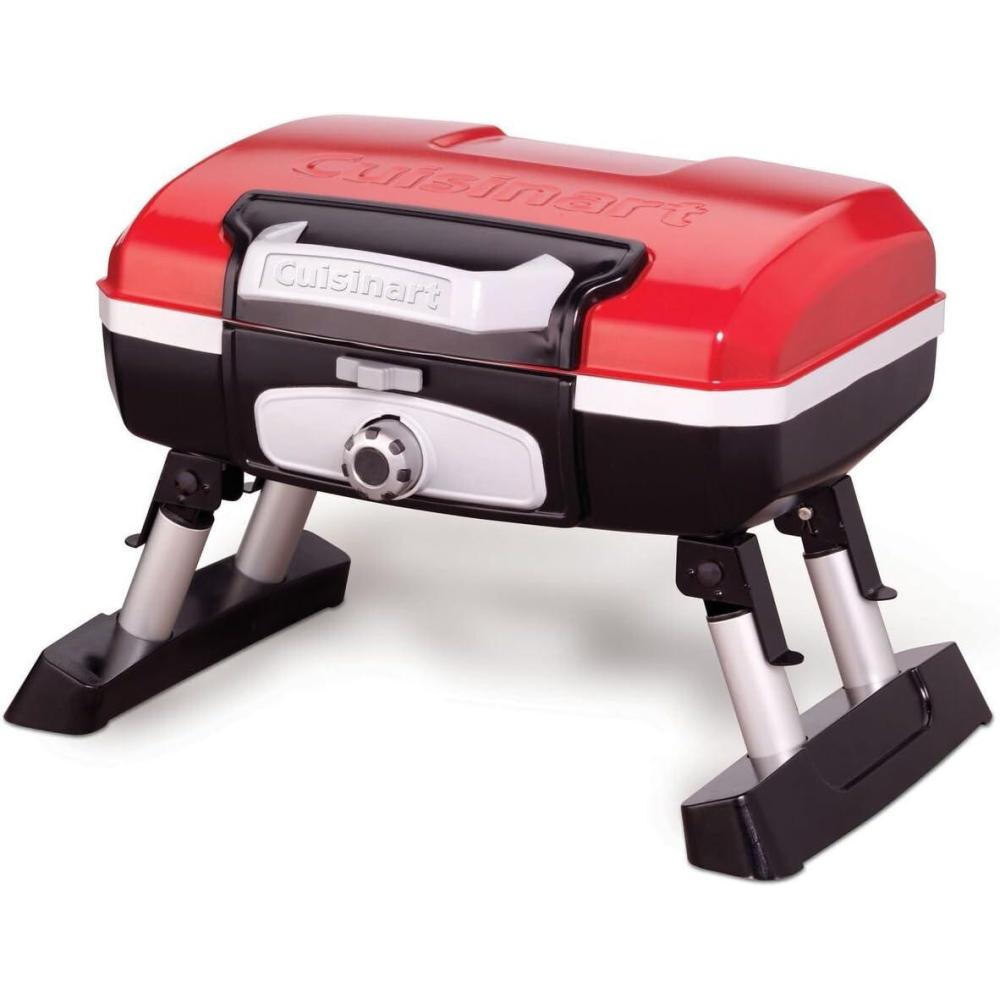 Cuisinart Petite Gourmet Portable Gas Grill, Compact Portable Grill Propane, 150 Sq. In. Cooking Surface, 5,500 BTU Burner Small Gas Grills for Camping, BBQ, Folding Legs and Carry Handles, Red(Petit Gourmet Tabletop Gas Grill  Red)