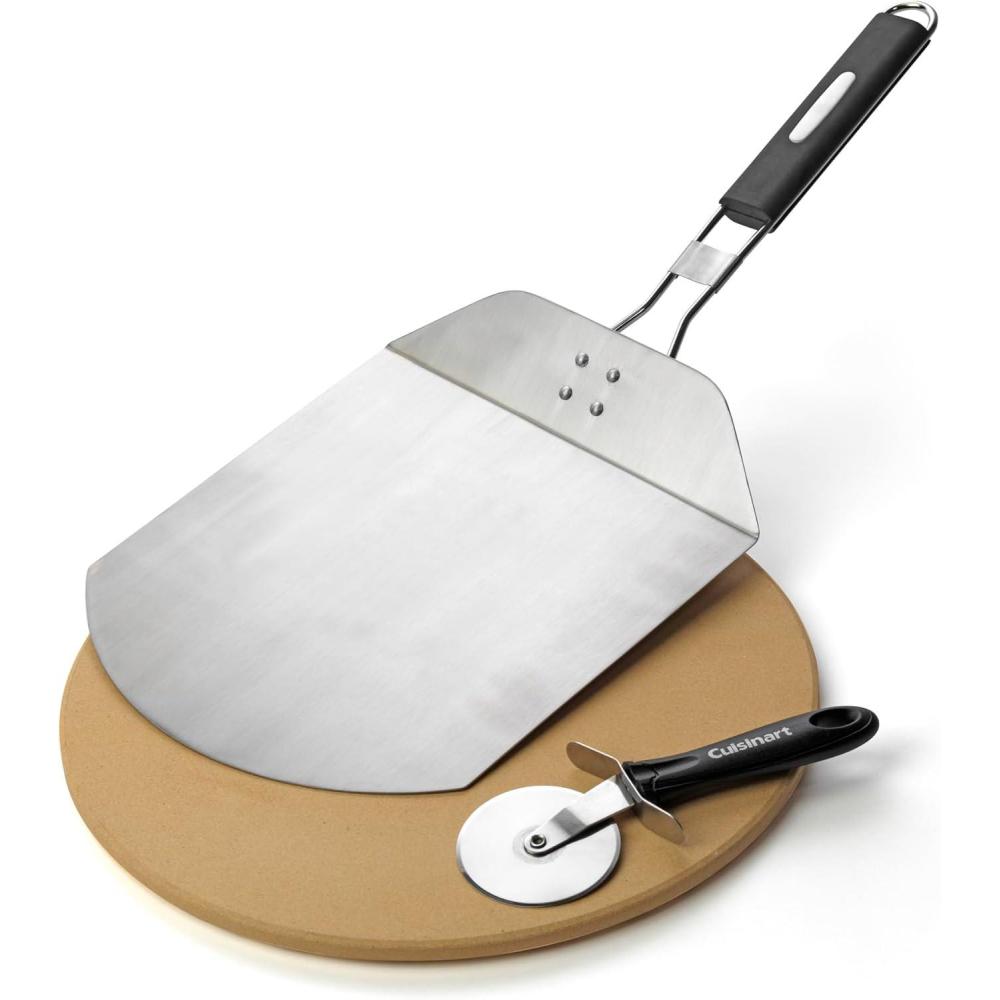 Cuisinart 3 Piece Pizza Grilling Pack, 13 Round Pizza Stone for Grill with Cutter and Foldable Stainless Steel Peel, Complete Set to Build Your Own Pizzas at Home