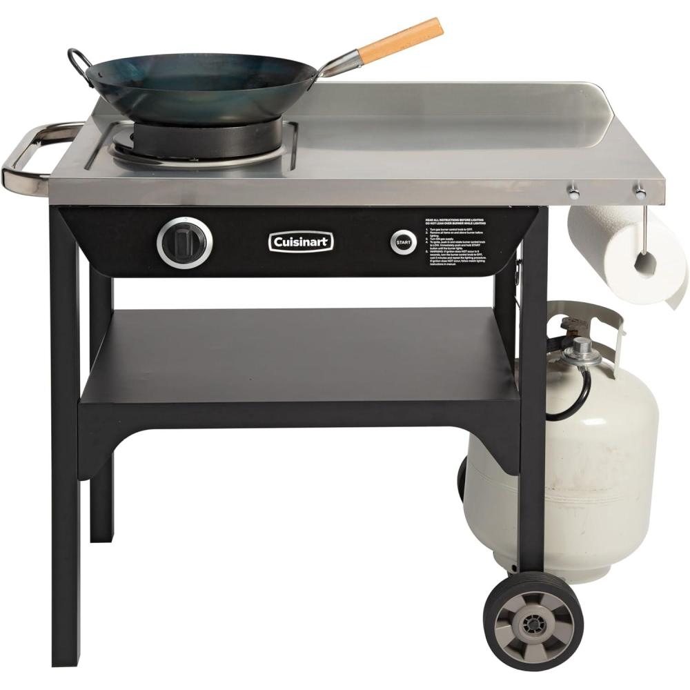 Cuisinart Outdoor Wok Station, 50,000 BTU Propane Outdoor Wok Burner with Prep Table, 14″ Carbon Steel Fry Pan, Stainless Steel Side Table, Storage, Outdoor Cooking Station for Stir Fry, Searing, BBQ