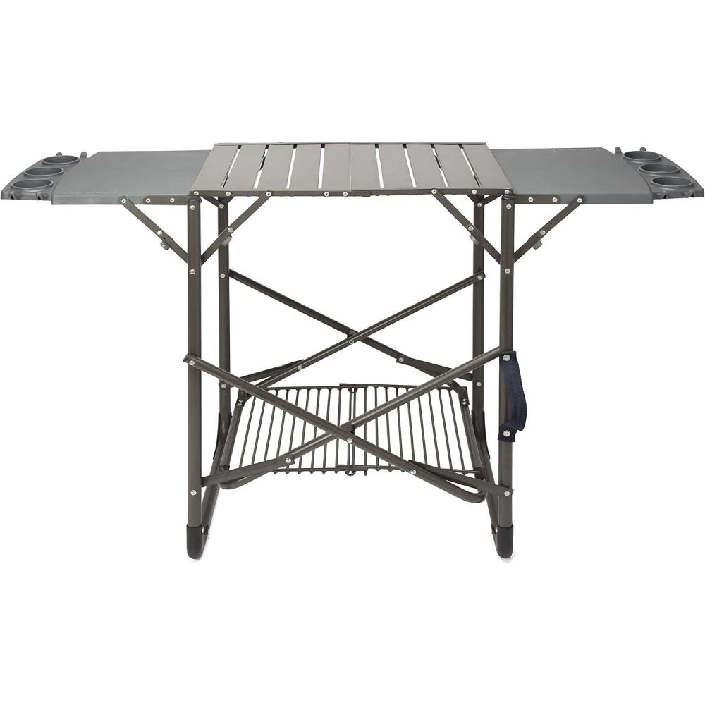 Cuisinart Take Along Grill Stand, Lightweight Portable Folding Table with Side Tables, Cup Holders, Tool Hooks and Storage Shelf, Collapsible Table, No Assembly Required for BBQs and Camping
