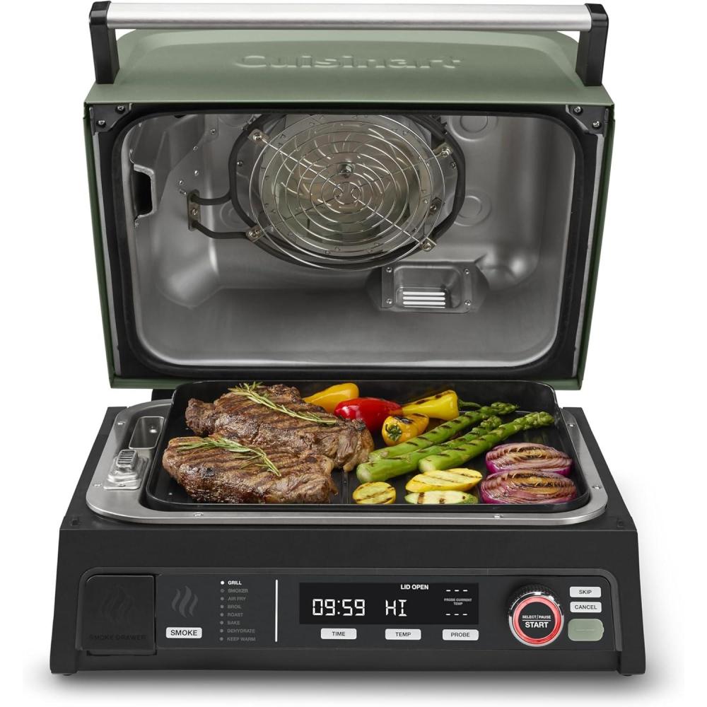 Cuisinart FlavorBoost ™ 8-in-1 Outdoor Electric Grill, Portable Electric Grill Outdoor Barbecue Smoker & Air Fry, Cook 6 Steaks, Versatile BBQ Smoker & Portable BBQ Outdoors