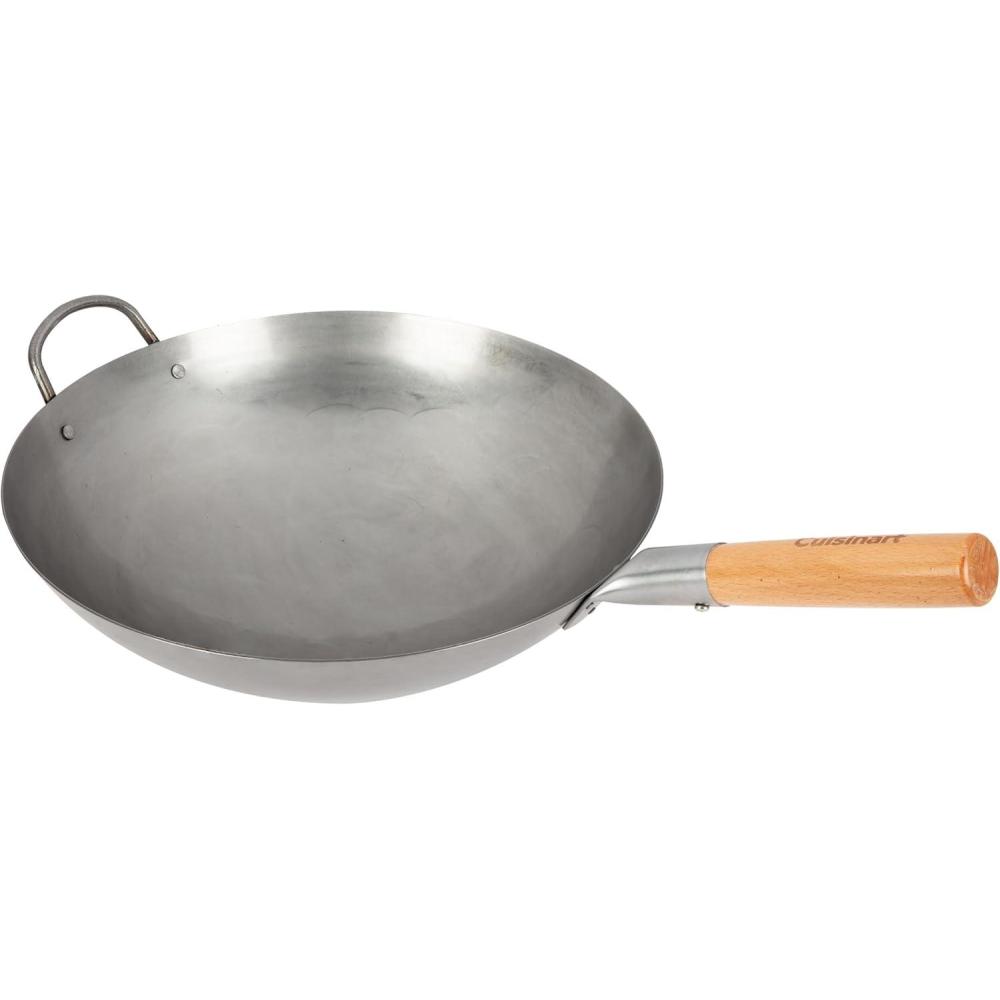 Cuisinart 14 Carbon Steel Hammered Wok, Traditional Round Bottom, Stir Fry Pan with Wooden & Helper Handle for Authentic Asian Cuisine, Wok Hei Cooking Perfect for Stir-Fry, Sauté & Deep Fry(14″ Carbon Steel Hammered Wok)