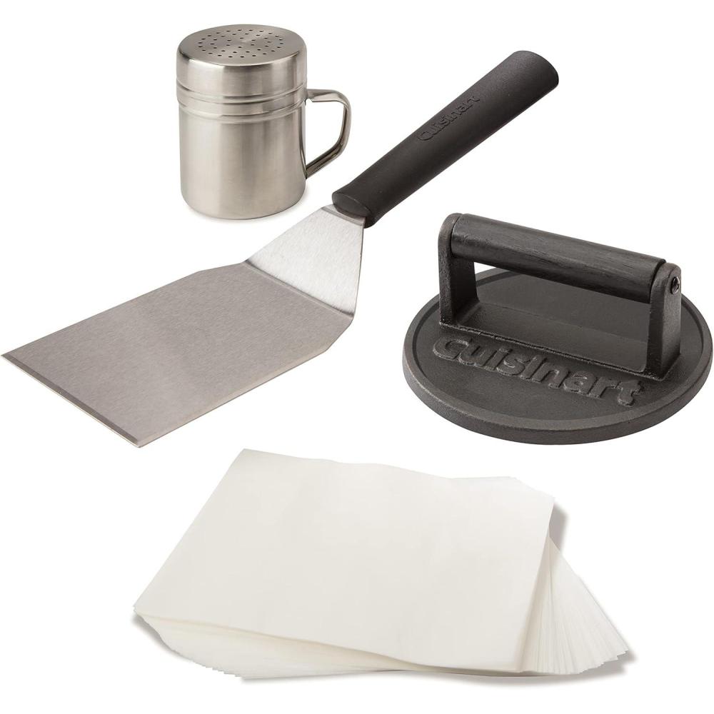Cuisinart Smash Burger Kit, Cast Iron Press, Spatula, Seasoning Shaker and Patty Papers for Perfect Cookouts, Barbecues and Tailgates(Smashed Burger Kit  Cast Iron)