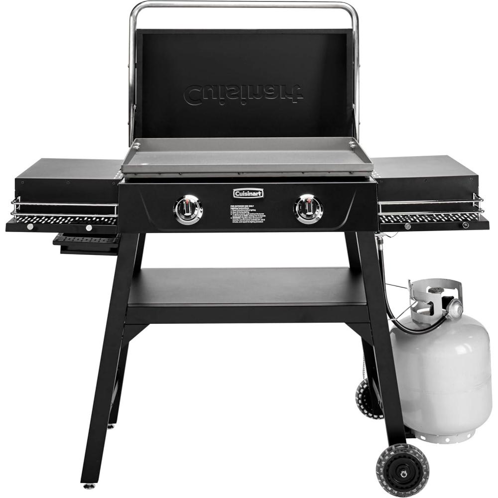 Cuisinart 28 Outdoor Griddler and Broiler Combo, 2-in-1 Carbon Steel Flat-Top Grill and Broiler with Hood, Adjustable Rack, Wheels, Side Tables, Large Cooking Area for BBQs, Outdoor Griddle Station(28″ Griddle with Hood)