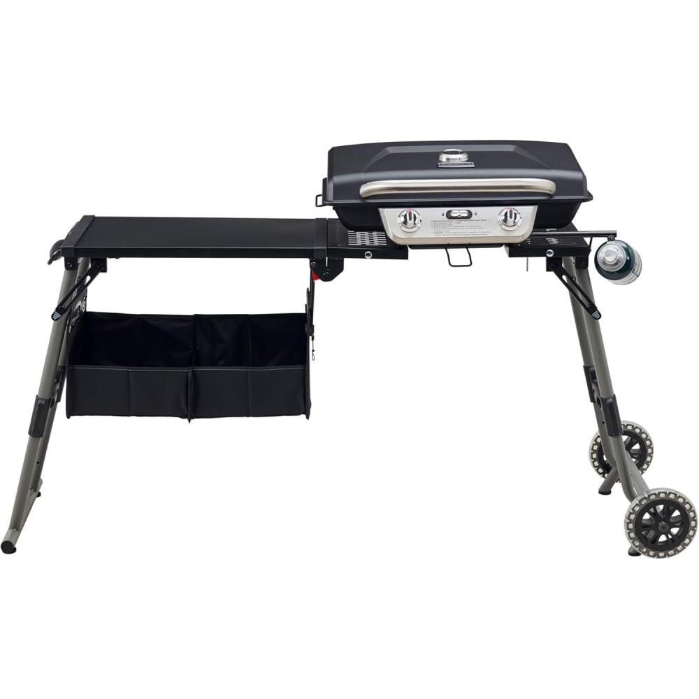 Cuisinart Prep ‘N Go Folding Gas Grill, Portable Stand-Up Propane Grill with Compact Fold and Storage Tote, Wheels and Side Table, 18,000 BTUs for Camping, Tailgating, Outdoor Cooking