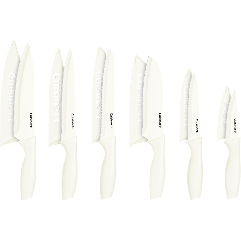 Cuisinart Knife Set, 12pc Ceramic Coated Knife Set with 6 Blades & 6 Blade Guards, Lightweight, Stainless Steel, Durable & Dishwasher Safe (Soft Black)(Cream)