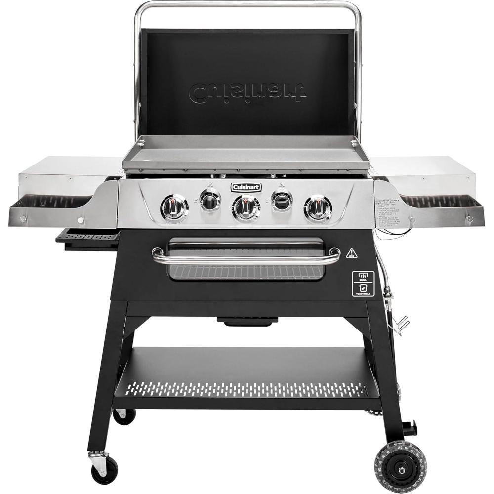 Cuisinart 28 Outdoor Griddler and Broiler Combo, 2-in-1 Carbon Steel Flat-Top Grill and Broiler with Hood, Adjustable Rack, Wheels, Side Tables, Large Cooking Area for BBQs, Outdoor Griddle Station(28″ Griddle & Broiler Combo)