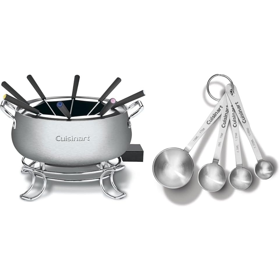 Cuisinart Fondue Pot, 3 Quart, For Chocolate, Cheese, Broth, Oil, Stainless Steel, CFO-3SSP1 & CTG-00-SMP Stainless Steel Measuring Spoons, Set of 4,Silver