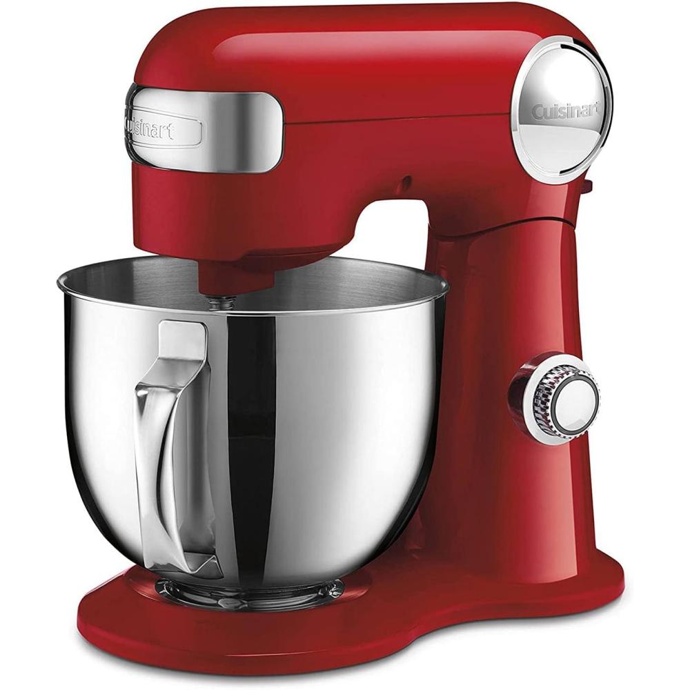 Cuisinart Stand Mixer, 12 Speed, 5.5 Quart Stainless Steel Bowl, Chef’s Whisk, Mixing Paddle, Dough Hook, Splash Guard w/ Pour Spout, White Linen, SM-50, Manual(Ruby Red)