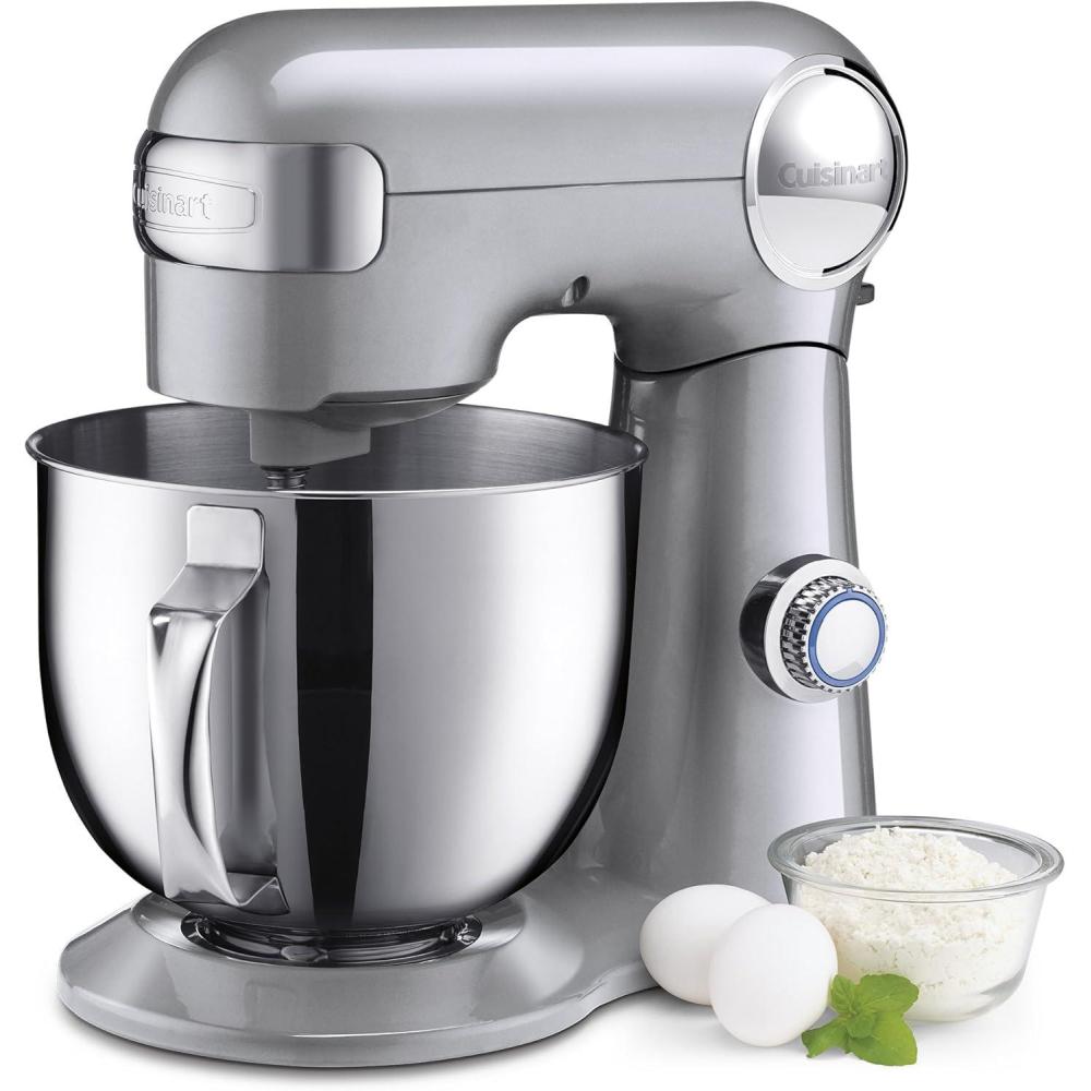 Cuisinart Stand Mixer, 12 Speed, 5.5 Quart Stainless Steel Bowl, Chef’s Whisk, Mixing Paddle, Dough Hook, Splash Guard w/ Pour Spout, White Linen, SM-50, Manual(Silver Lining)