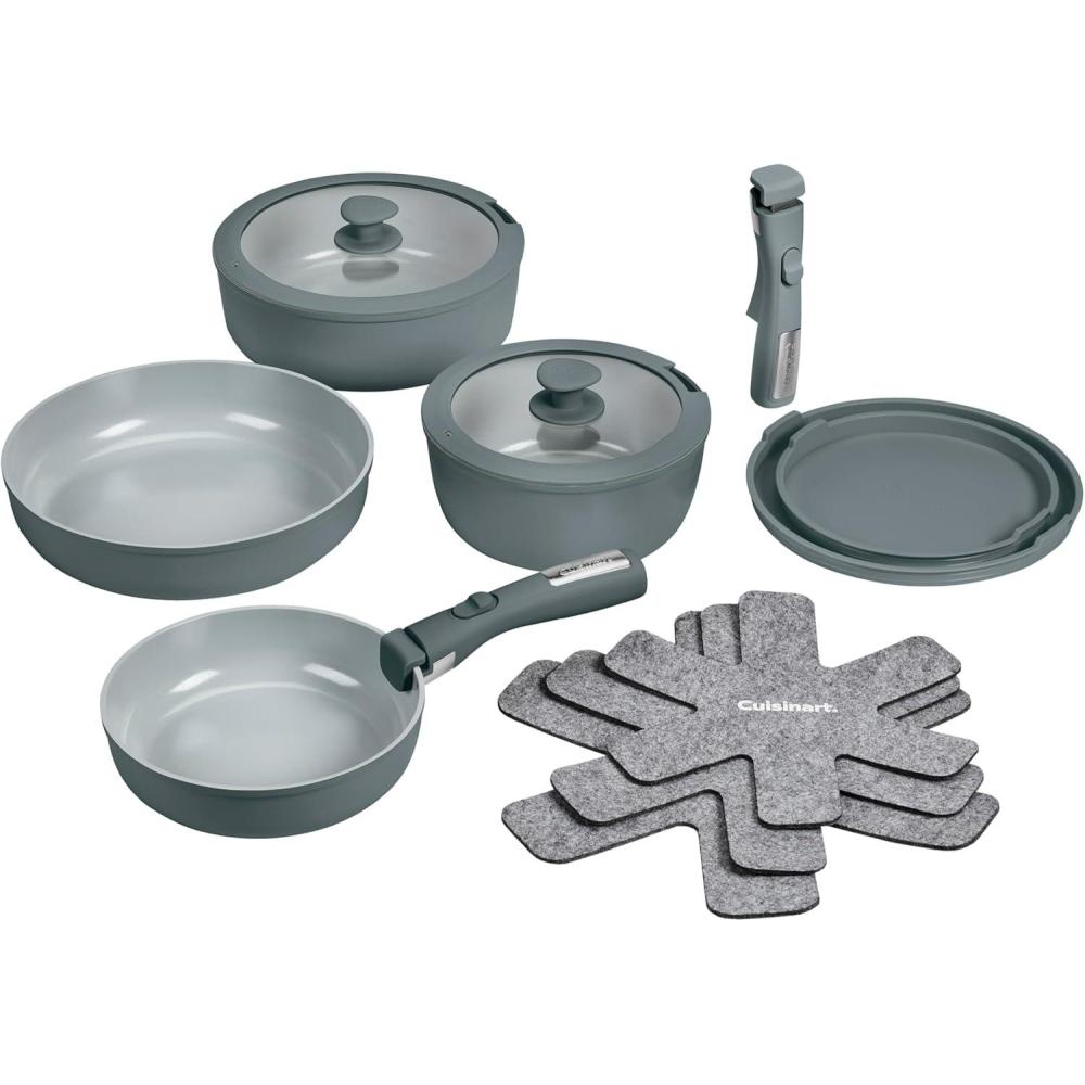 Cuisinart 13-Pc ClickSmart Nonstick Detachable Handle Ceramic Cookware, Pots and Pans Set, Stackable Space-Saving Design, Compatible with All Stovetops, Induction & Oven Safe, PURELYCERAMIC(Earl Grey)