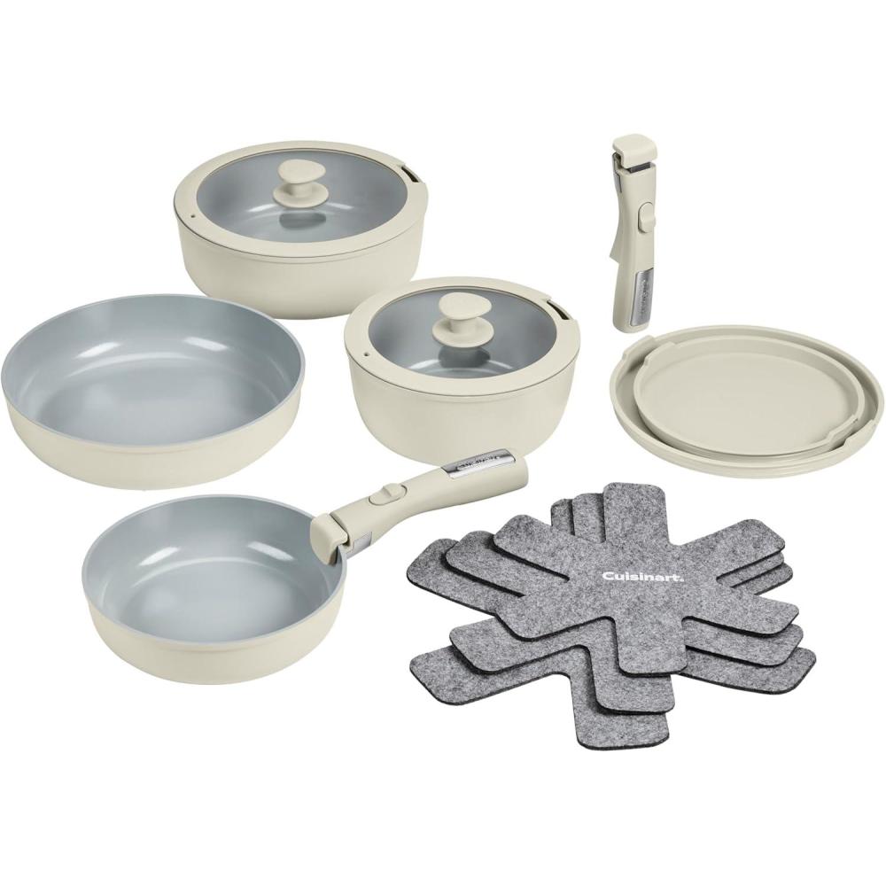 Cuisinart 13-Pc ClickSmart Nonstick Detachable Handle Ceramic Cookware, Pots and Pans Set, Stackable Space-Saving Design, Compatible with All Stovetops, Induction & Oven Safe, PURELYCERAMIC(Tahini)